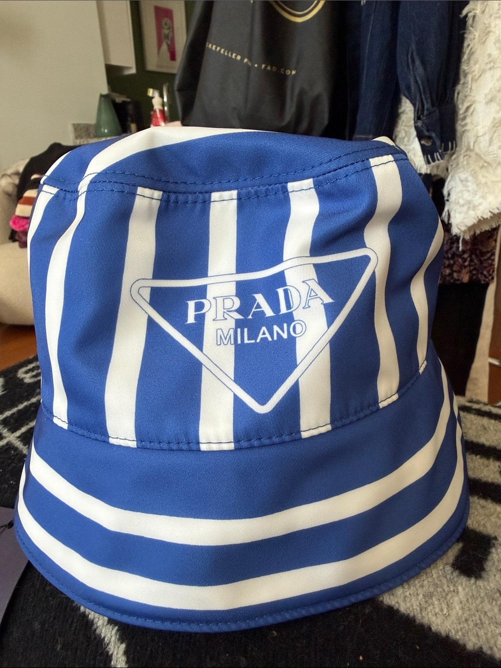 PRADA Blue and White striped bucket hat